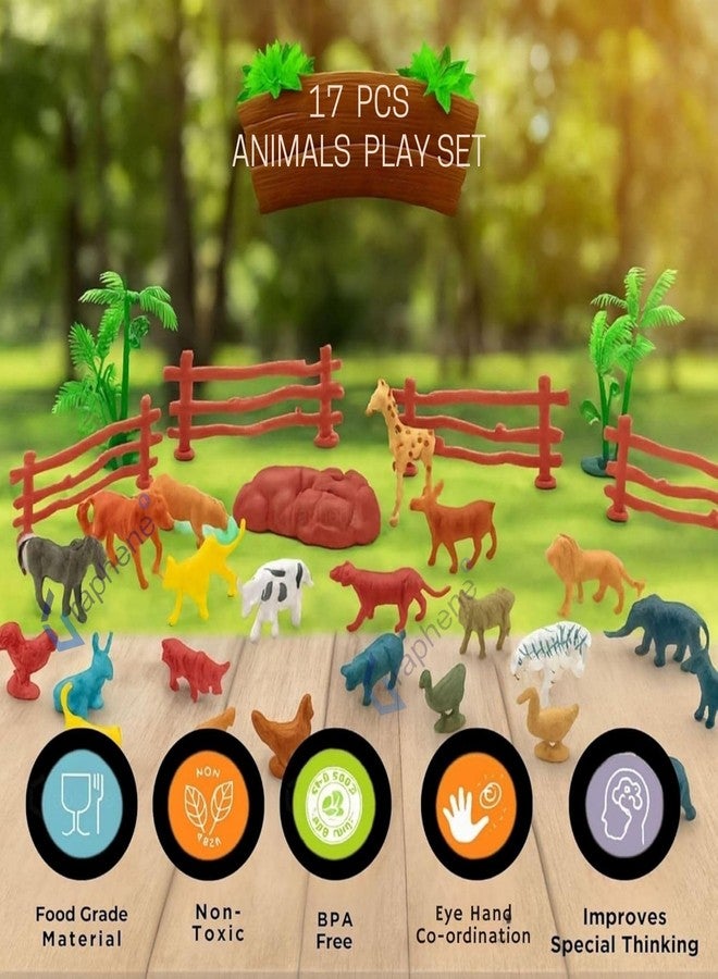 GRAPHENE 17 Pcs Animal Figure Mini Jungle Toys Set Farm & Cartoon Wild Animals Playsets Educational Toyset with Artificial Tree & Fencing Birthday Return Gifts School Project Learning for Kids - Image 4